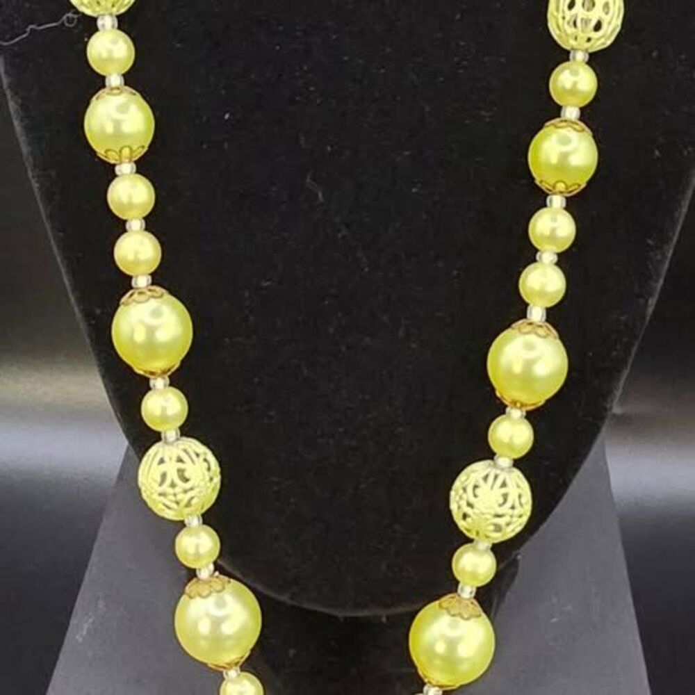 Vintage Lime Green Faux Pearl Tassel Necklace & Earring Set MCM